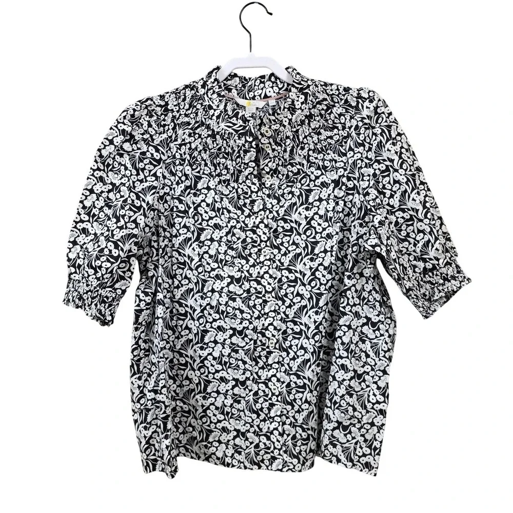 Boden Blouse Women 14 Black White Floral High Neck Puff Sleeve Cotton Spring
